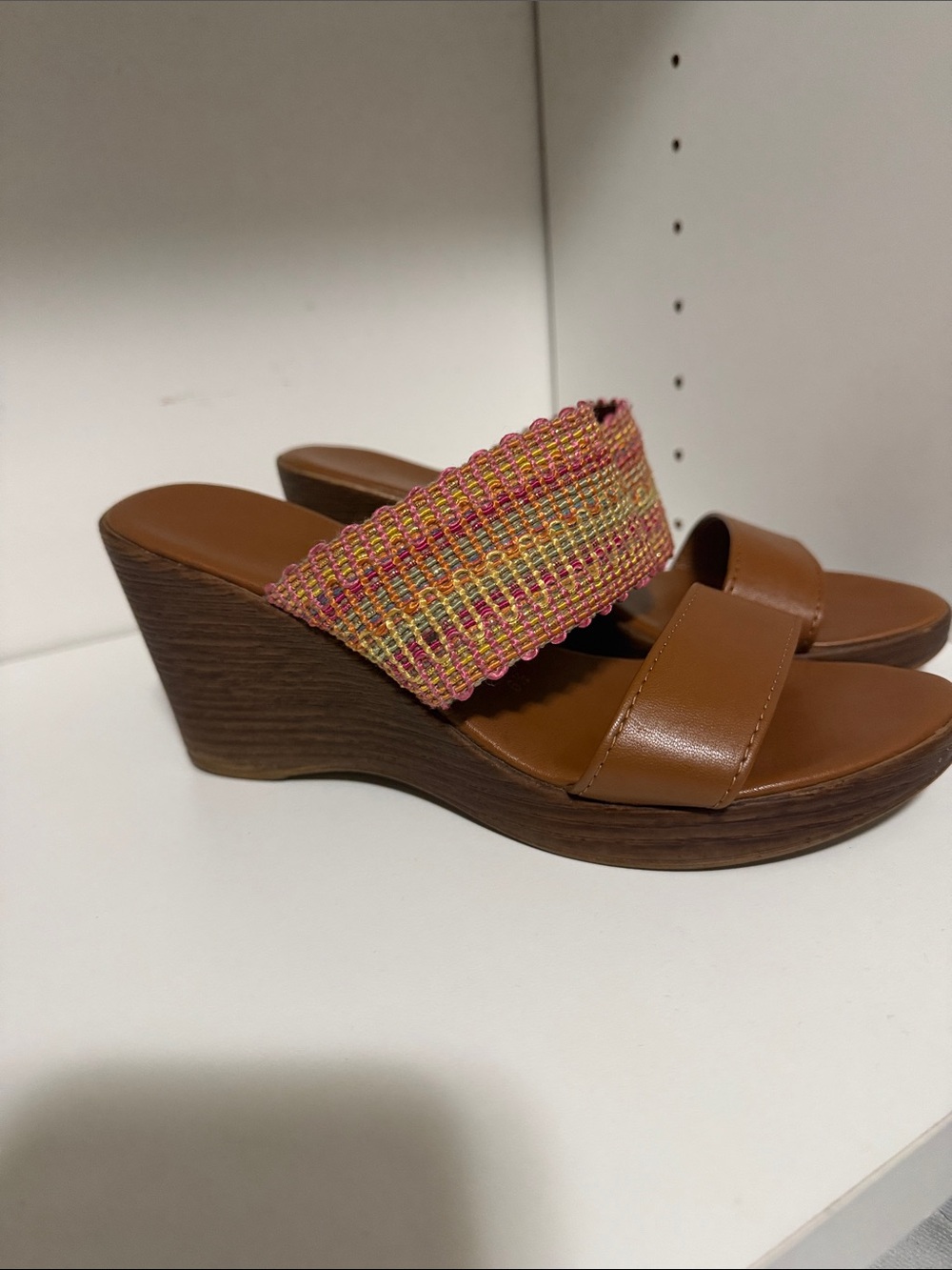 Brown Wedge Sandals with Multicolor Woven Strap